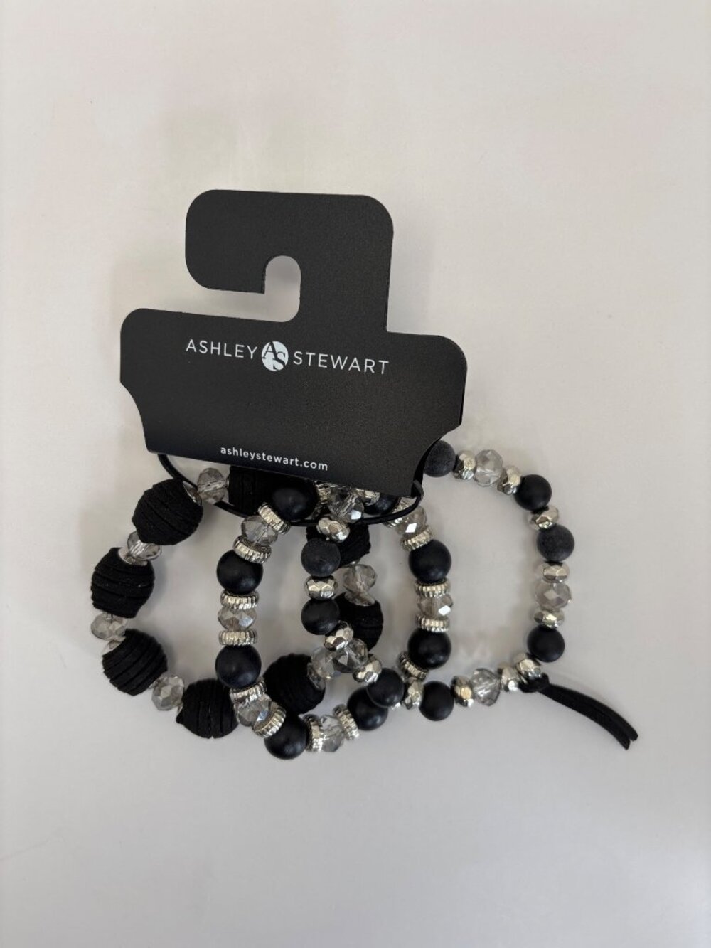 Ashley Stewart Multi Stacked Stretch Beaded Bracelets Black Silver NEW
